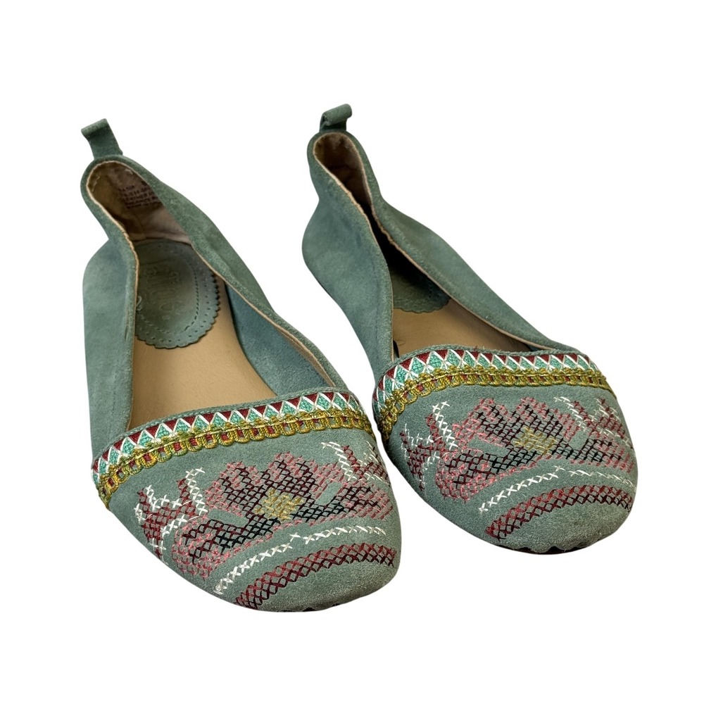 Latigo Flats Shoes Womens Size 8 Green Basia Embroidered Leather Ballet